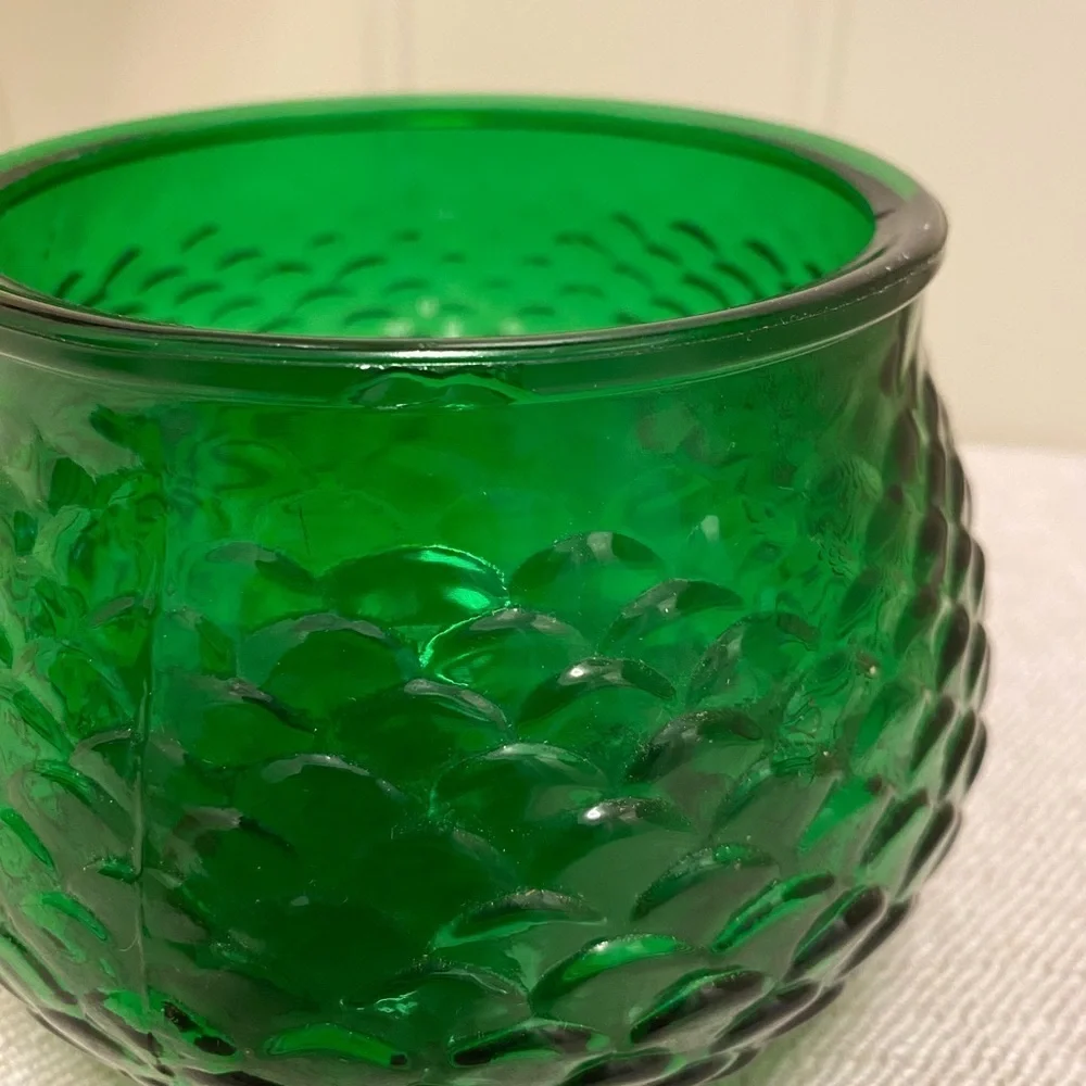 Vintage EO Brody Co Glass Emerald Green Fish Scale Pattern Bowl/Wide Vase